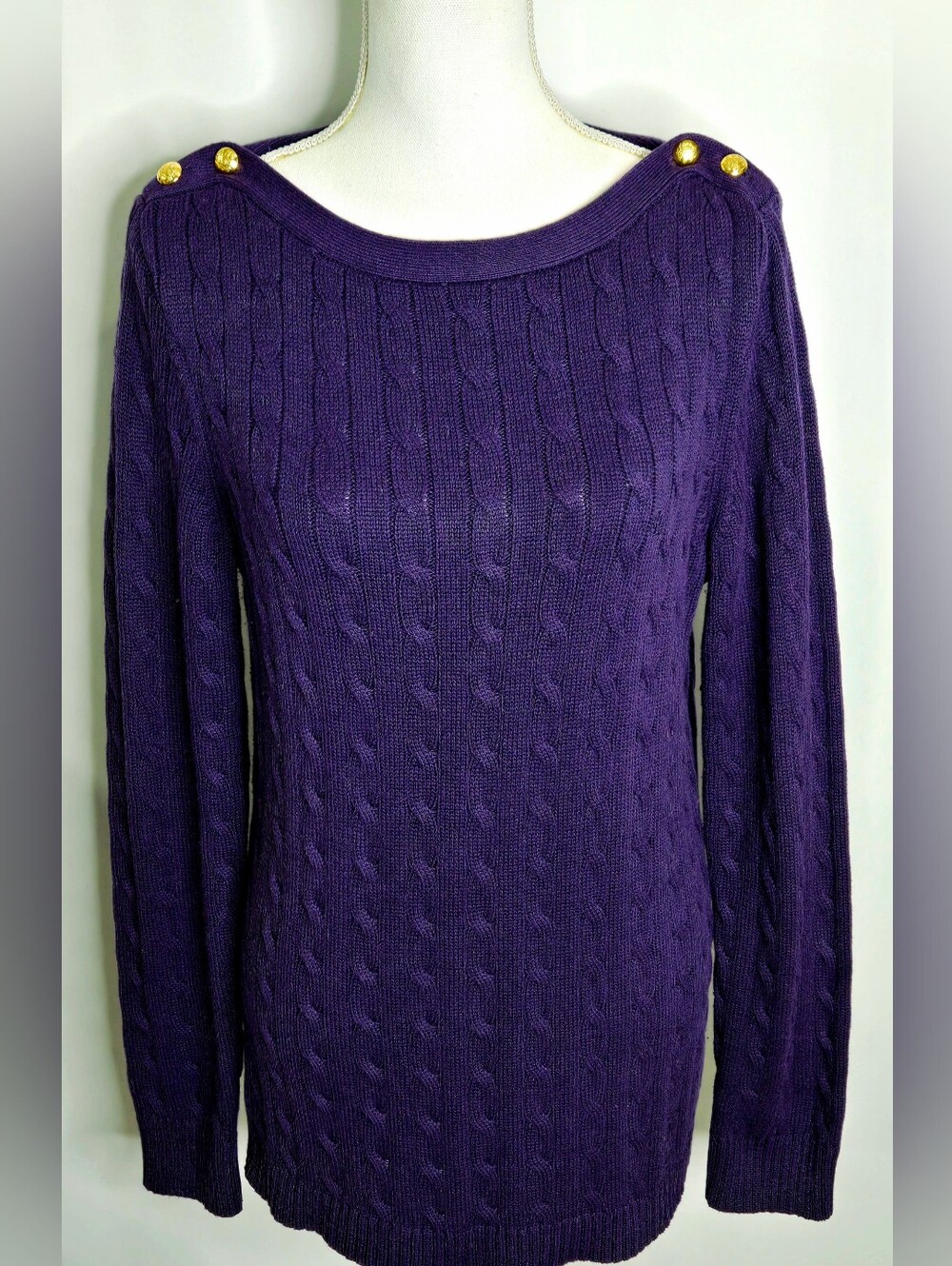 Lauren Ralph Lauren Deep Eggplant Purple Cable Knit Gold Button Sweater NWOT XL